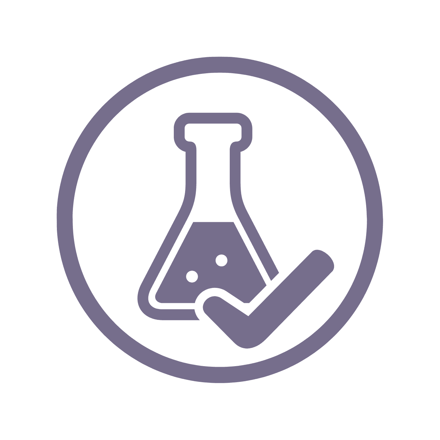 A lively purple laboratory flask featuring a solitary check mark, representing the quality and sustainability achieved through the independent third-party testing of Ayurblooms products.